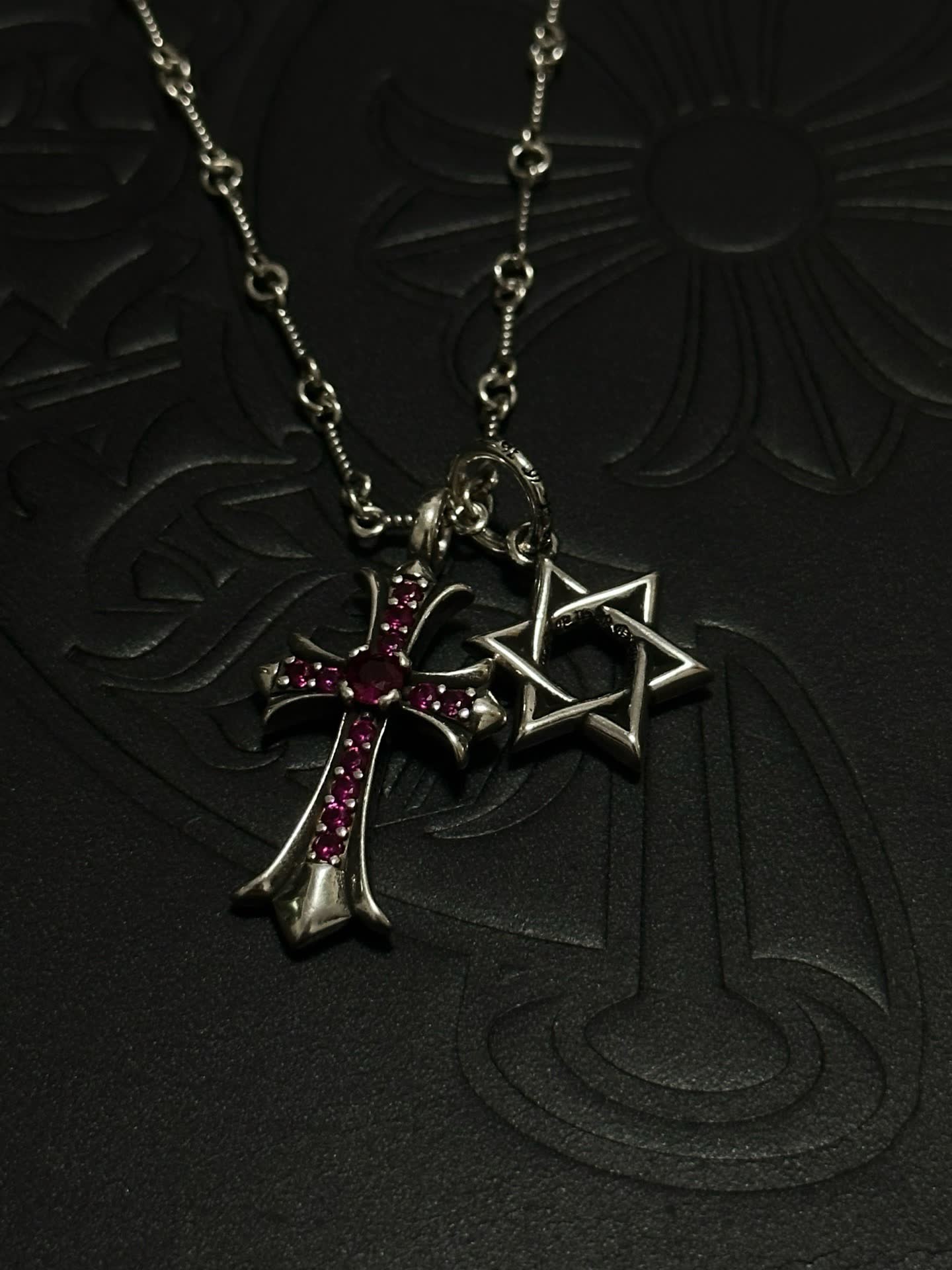 Chrome Hearts Silver Cross and Star of David Charm Necklace